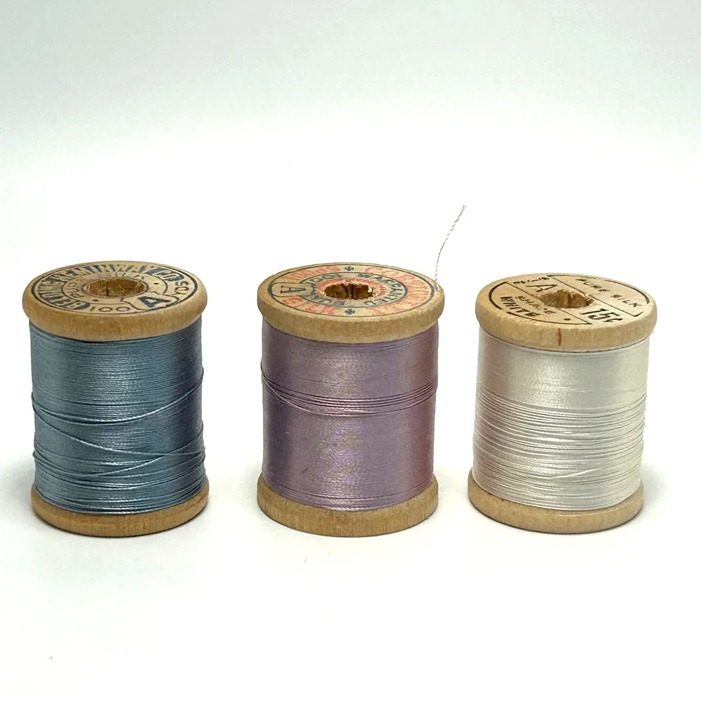 Vintage Silk Thread On Wooden Spools‎ Lot of 10
